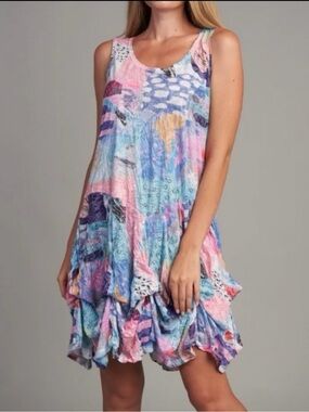 Shana Watercolor Dress with Ruffled Hem - Pink & Blue